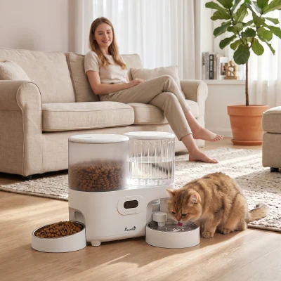 PawHut Automatic Cat Feeder & Water Dispenser, Dual Power, White