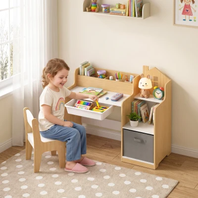 Qaba Kids Desk & Chair Set with Storage, Bookshelf, for 3