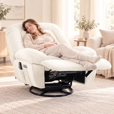 HOMCOM Power Recliner Chair Massage Heat Swivel Chenille, Cream White
