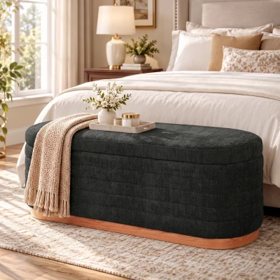 HOMCOM Oval Storage Ottoman Bench Chenille Upholstered, Dark Gray