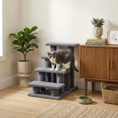 PawHut 25" Carpeted Cat Scratching Post Stairs, Gray