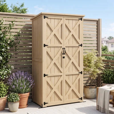 Outsunny Wooden Outdoor Storage Cabinet, Lockable Garden Shed