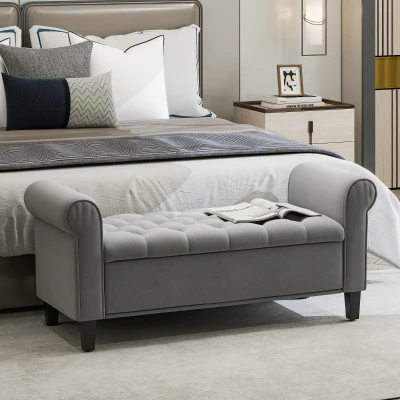 HOMCOM 50" Tufted Storage Ottoman Bench, Wood Legs, Charcoal Gray