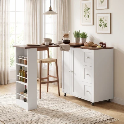 HOMCOM Bar Table Counter-Height with Storage, 3 Drawers, Walnut White