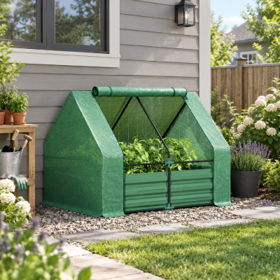 Outsunny Steel Outdoor Raised Garden Bed with Greenhouse,Cover, Roll Up Door, Dual Use, 50"x37.4"x36.2", Green