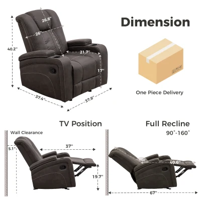 Cozy Manual Rocker Recliner with Dual Cup Holders and 160-Degree Recline, 38'' L x 38" W x 40" H