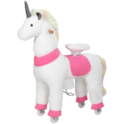 Qaba Unicorn Ride-On Pony 37.4" Plush Horse with Wheels, White