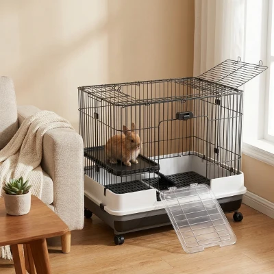 PawHut 2-Level Rabbit Hutch with Wheels & Removable Tray, Black