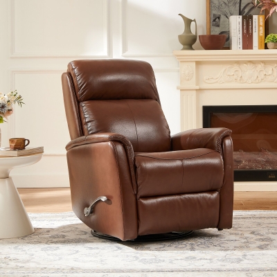 Genuine Leather Swivel Rocker Recliner with Wingback and Flared Arms, 32'' L x 54.5"W x 39.5" H, Brown