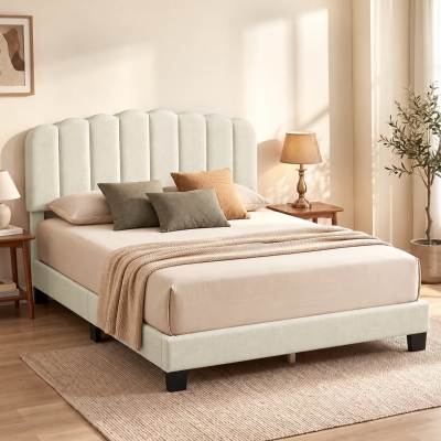 HOMCOM Queen Size Bed Frame with Adjustable Headboard, Linen-Feel Upholstered Platform Bed Frame with 12 Slat Support Beige