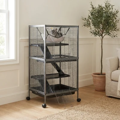 PawHut Metal Ferret Cage, 4-Tier with Hammock, Gray