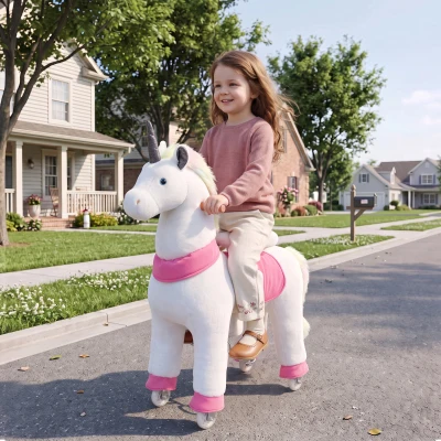 Qaba Unicorn Ride-On Pony 37.4" Plush Horse with Wheels, White
