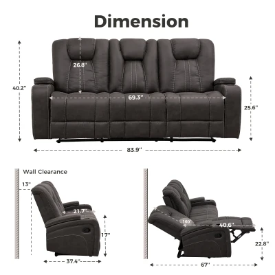 Comfortable 3-Seat Reclining Sofa with Console and Cup Holders, 84'' L x 38" W x 40" H