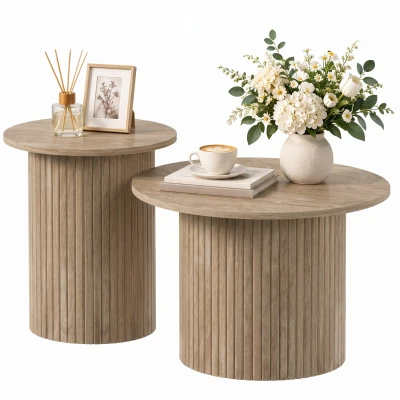 HOMCOM Round Nesting Coffee Table Set of 2, Fluted Mid Century Modern Circle Side Tables, Weathered Coffee Wood Grain