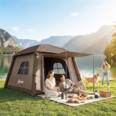 Outsunny Inflatable Camping Tent, 1-2 Person Glamping Tent with Hand Pump, Blow Up Tent with Doors, Carry Bag, Khaki and Brown