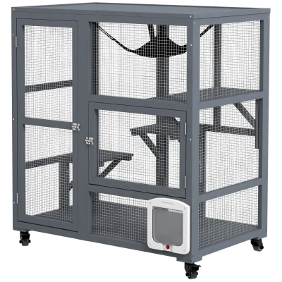 PawHut Cat Condo Wooden Indoor Cat House on Wheels with Cat Flap Door Platforms Hammock Openable Top for 2 Cats, Light Grey