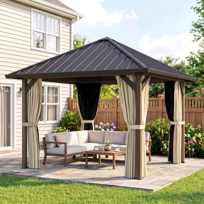 Outsunny 10' x 10' Hardtop Gazebo with Galvanized Steel Roof, Permanent Garden Gazebo with Netting and Curtains