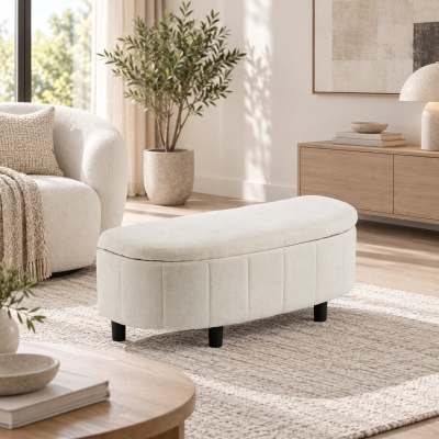 HOMCOM Chenille Fabric Semi-Round Ottoman with Hydraulic Lift-Top Storage, 484 lbs Capacity, Footstool, Cream White