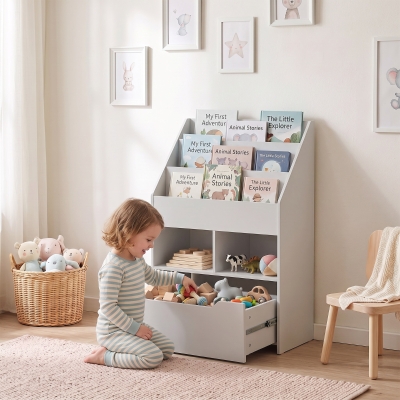 HOMCOM Kids Bookcase Multi-Shelf Rack Organizer with Storage Drawer for Books for Reading Nook, Classroom, Bedroom, Playroom, Grey