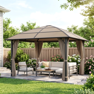 Outsunny 10' x 10' Outdoor Hardtop Gazebo Canopy with UV60+ Polycarbonate Roof, Steel Frame, Central Hook, Curtains, Khaki