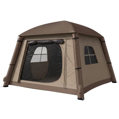Outsunny Inflatable Camping Tent, 1-2 Person Glamping Tent with Hand Pump, Blow Up Tent with Doors, Carry Bag, Khaki and Brown