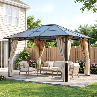 Outsunny 10' x 12' Outdoor Hardtop Gazebo with Polycarbonate Panel Roof, Garden Deluxe Pavilion Canopy BBQ Sunshade Shelter with Removable Curtains