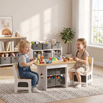 Qaba 3 Piece Kids Table and Chair Set with 6 Removable Drawers, for Classroom, Living Room, Bedroom, Nursery, Natural
