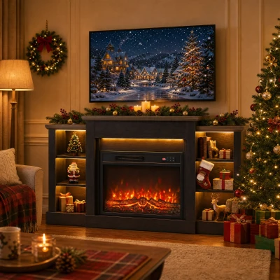 HOMCOM 55" Fireplace TV Stand, LED, 6 Shelves, Black Wood Grain