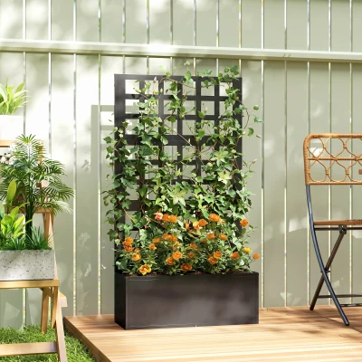 Outsunny Galvanized Raised Garden Bed with Trellis, 24"x9"x44.5", Black