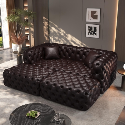 Modern Faux Leather Modular Sofa with Button Tufting and 2 Ottomans, 77'' L x 36.5" W x 29" H, Dark Brown