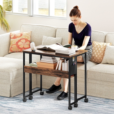 HOMCOM Folding Computer Desk, Foldable Desk with Storage Bag, Shelf and Wheels for Small Spaces, Home Office, Rustic Brown
