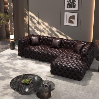 Modern Faux Leather Sectional Sofa Set with Button Tufting, 105.5'' L x 36.5"W x 29" H, Dark Brown