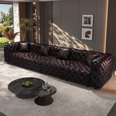 Timeless Faux Leather Sectional Sofa with Button Tufting, 134.5'' L x 36.5"W x 29" H, Dark Brown