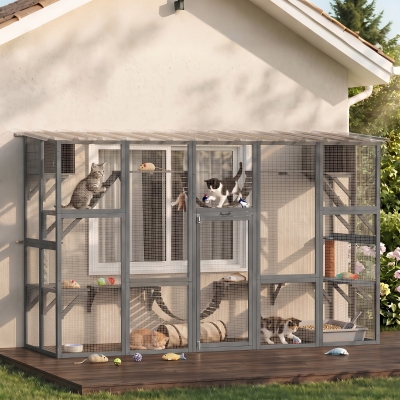 PawHut Large Outdoor Catio with Condos, Platforms, Doors, Ladders, Weather-Resistant Roof, Grey