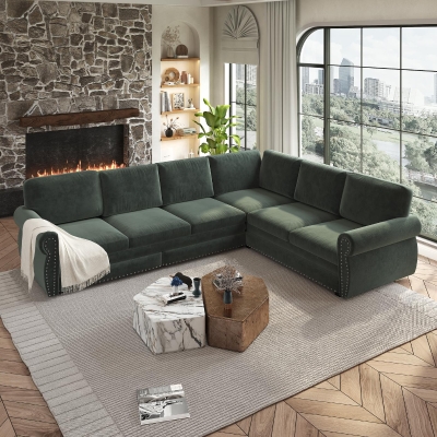 Chic L-Shaped Sectional with Pull-Out Bed and Nailhead Trim, 118'' L x 86.5" W x 36.5" H, Green