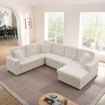 Cozy Striped Corduroy U-Shaped Sofa with Pull-Out Bed, 114'' L x 90"W x 37" H, Beige