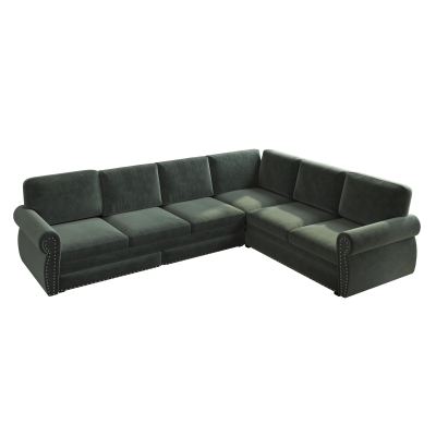 Chic L-Shaped Sectional with Pull-Out Bed and Nailhead Trim, 118'' L x 86.5" W x 36.5" H, Green
