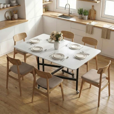 HOMCOM Drop-Leaf Kitchen Table, Extendable, 6 Wheels, Space-Saving, White