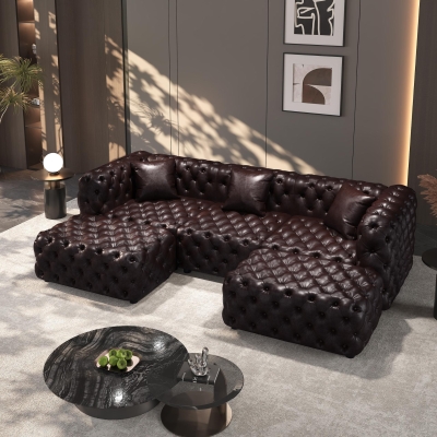 Classic Faux Leather Sectional Sofa with Button Tufting, 105.5'' L x 36.5"W x 29" H, Dark Brown