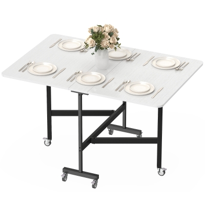 HOMCOM Drop-Leaf Kitchen Table, Extendable, 6 Wheels, Space-Saving, White