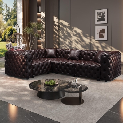 Grand Faux Leather L-Shaped Sofa with Button Tufting, 103.5'' L x 75"W x 29" H, Dark Brown