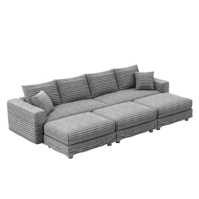 Plush Corduroy Cloud 4-Seat Sofa with 3 Ottomans, 102.5'' L x 35.5"W x 25.5" H, Grey