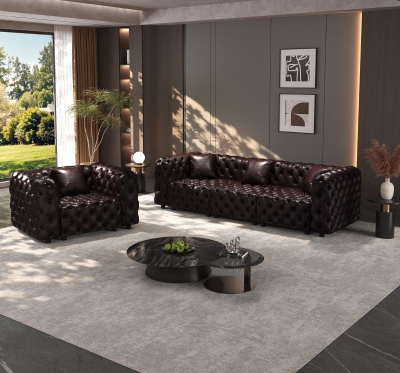 Premium Faux Leather Sectional Sofa with Button Tufting, 105.5'' L x 36.5"W x 29" H, Dark Brown