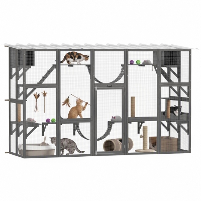 PawHut Catio Playground Enclosure for Multiple Cats, Gray