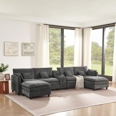 Cozy L-Shaped Sectional with Reversible Chaise and USB Port, 137'' L x 58" W x 31" H, Dark Gray