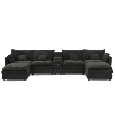 Modern L-Shaped Sectional with Reversible Chaise and USB Port, 137'' L x 58" W x 31" H, Black