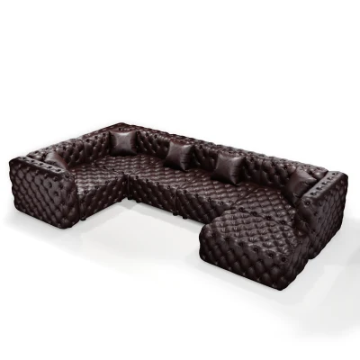 Distinctive Faux Leather L-Shaped Sofa with Button Tufting, 132.5'' L x 75"W x 29" H, Dark Brown