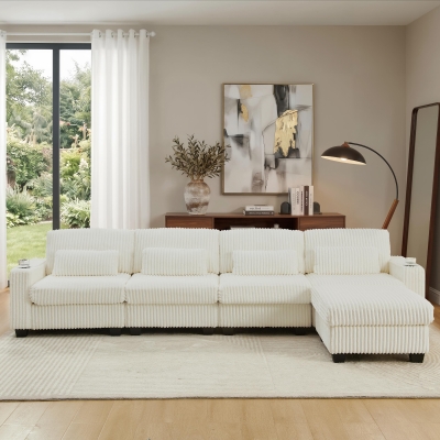 Cozy L-Shaped Sectional with Detachable Ottoman, 124.5'' L x 31.5" W x 30" H, Beige