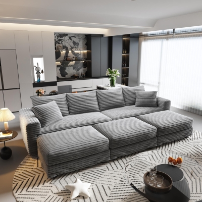 Plush Corduroy Cloud 4-Seat Sofa with 3 Ottomans, 102.5'' L x 35.5"W x 25.5" H, Grey
