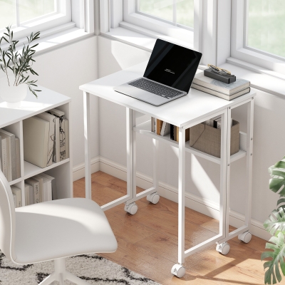 HOMCOM Folding Computer Desk, Foldable Desk with Storage Bag, Shelf and Wheels for Small Spaces, Home Office, White